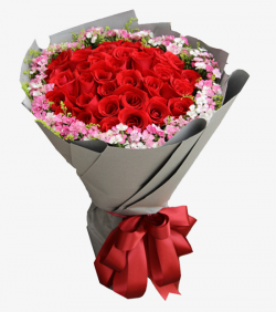 A Bundle Of Roses Wrapped In Gray Cardboard Packets, Red Silk Ribbon ...