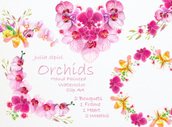 Watercolor Wreaths Bouquets Heart Frames. Orchids Flower