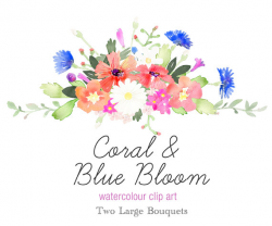 Watercolour Floral Bouquet Clip Art - Coral Floral Clipart, Blue ...