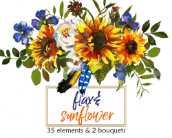 Boho Sunflower Watercolor Clipart Flax Sunbeam Yellow Blue