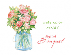 Digital Clipart Watercolor Flowers Rose Bouquet Wedding