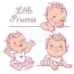 Set with cute little baby girl with curly hair, wearing bow, pink ...