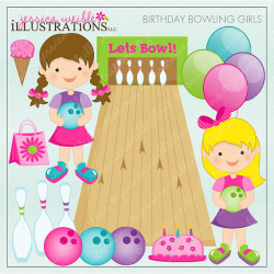 Birthday Bowling Girls Cute Digital Clipart for Card Design