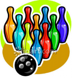 Bowling Ball With Colorful Bowling Pins - Royalty Free Clipart Picture