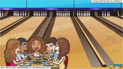 A Happy Set Of Diverse Friends Having Dinner and Bowling Lanes Background