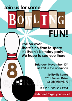 Retro Bowling Fun Birthday Invitation Blue Brown Printable · Just ...
