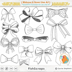 Ribbons & Bows Line Art, Tied Bow ClipArt, Hand Drawn Digital Clip ...