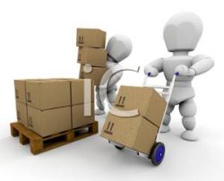 Two 3D Men Moving and Stacking Boxes on a Pallet - Clipart