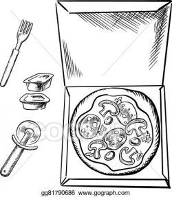 EPS Illustration - Pizza box, sauce cups, fork and cutter sketch ...
