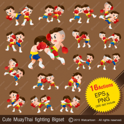 Cute Muaythai - Thai Boxing vector cartoon fighting big set.Vector ...