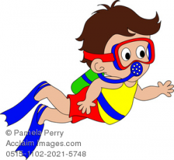 Clip Art Illustration of a Cartoon Boy Scuba Diving