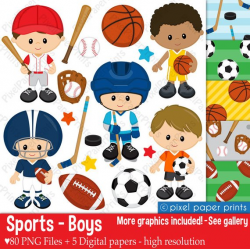 Sport Boys Clip art and Digital Paper Set Sports clipart