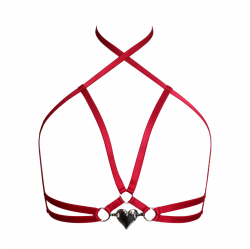Red satin elastic harness bra with silver metal heart | Esty Lingerie
