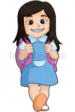 Little Girl With Braces Going To School Vector Cartoon Clipart ...