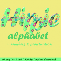 Hippie style flower digital alphabet clipart: green printable