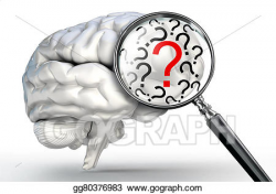 Drawing - Red question mark on magnifying glass and human brain ...