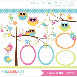 Clipart Owls in the Forest / Curly Tree Branch Digital