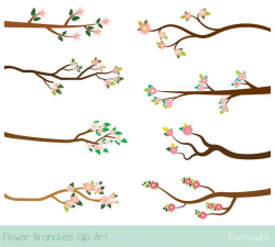 Pink flower branch clipart, Blossom tree branch clip art, Digital ...