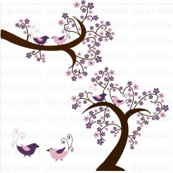 Wedding Tree and branch clipart with hearts and birds in purple ...