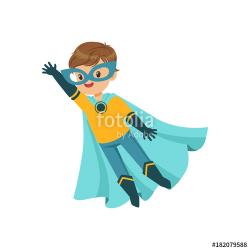 Comic brave kid in blue and yellow superhero costume, flying with ...