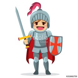Cute little brave knight boy holding sword and shield