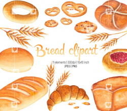 Bakery Watercolour clipart, Bakery Elements, Bakery set, Bread Watercolour  Clipart, for Scrapbooking, bakehouse, Baguette, Bagel, Cookies