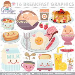 Breakfast Clipart, Breakfast Graphics, COMMERCIAL USE, Kawaii ...