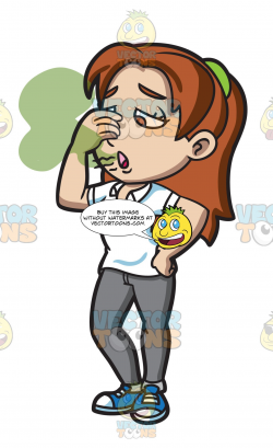 A Woman Pinching Her Nose While Smelling Her Bad Breath