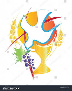 Eucharist symbol with chalice, Holy Spirit dove, grapes and wheat ...