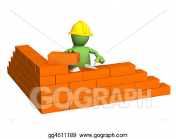 Stock Illustration - 3d puppet - builder, building a brick wall ...