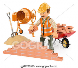 Stock Illustration - 3d construction worker building a brick wall ...