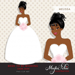 African American, dark skin Bride Clipart. Bride to be wedding clipart,  character illustration, wedding invitation clipart, bridal shower