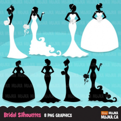Wedding bridal clipart. Bride silhouette, fashion illustration, african  american, ceremony, sweet sixteen, prom dress, planner stickers