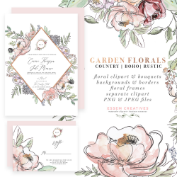 Garden Floral Watercolor Flowers Clipart, Boho Rustic Farmhouse Cottage  Wedding Invitations Logo Branding