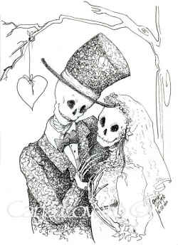 Pen and ink drawing skeleton wedding halloween wedding Day