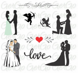 Wedding Icons and Bride and Groom Silhouettes Clipart ...