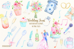 Watercolor Clipart Wedding Icons by Cornercroft | TheHungryJPEG.com