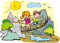 Cartoon of Children Crossing a Suspension Bridge - Royalty Free ...