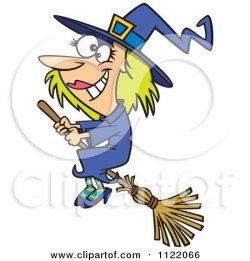 Cartoon Of A Happy Halloween Good Witch Flying On A Broom - Royalty ...