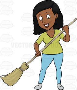 A Black Woman Cheerfully Cleans The Floor Using A Broom