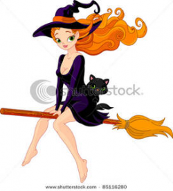 A Cute Witch and Her Black Cat Riding on a Magic Broomstick - Clipart