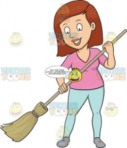 A Woman Cheerfully Cleans The Floor Using A Broom