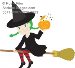Clip Art Illustration Of A Young Witch Flying On A Broom With A Pumpkin