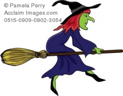 Clip Art Illustration of a Witch Flying on Her Broom