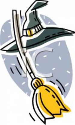Cartoon of a Witch Hat and Magic Broom - Royalty Free Clipart Picture