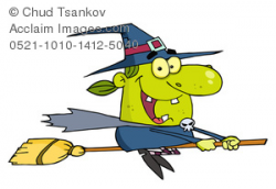 A Smiling Cartoon Witch Flying on Her Magic Broom Clipart Image