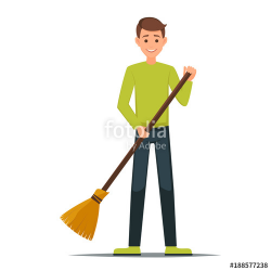 Cartoon Male vector character with a broom. Cleaner boy is holding a ...