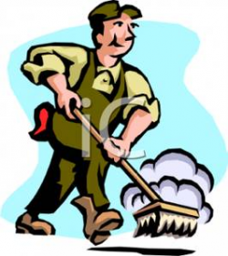 A Cartoon of a Man Pushing a Broom - Royalty Free Clipart Picture