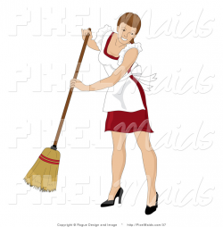 Clipart of a Brunette Caucasian Maid Smiling and Sweeping with a ...