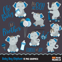 Cute elephant, baby shower clipart, lettering it's a boy, little ...